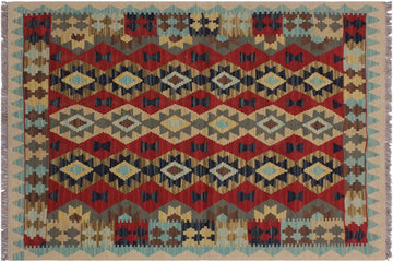 Flat Weave Kilim, Antique, Navaho, Vintage, Handmade, Geometric Kilim Beige Red Hand-Woven Rectangle 100% Wool Area Rug 3 x 5